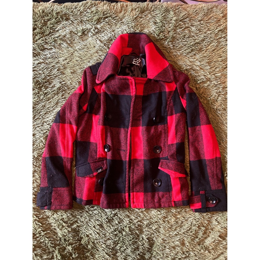 Fox Racing‎ Womens Buffalo Plaid Pea Coat Red Black Wool Blend Jacket XS